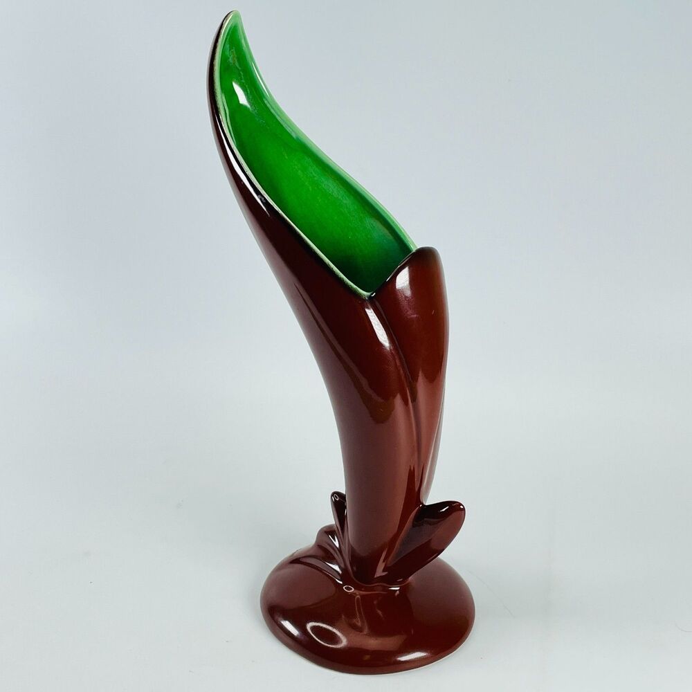 Vtg MCM Bird of Paradise Art Pottery Freeform Vase Brown Green 9" Floral